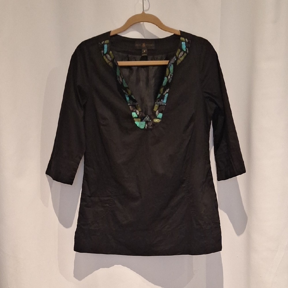 Julie Brown Sequin Embellished Neckline Black Tunic Size 4